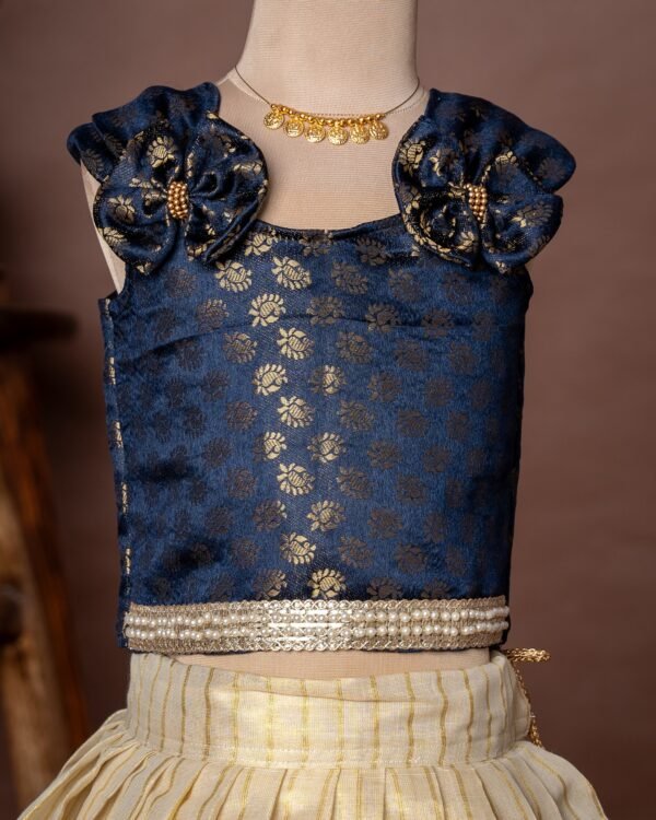 Dark Blue Brocade Silk Sleeveless Top and Traditional Golden Lines Kasavu Skirt - Minmini Onam Collections (Pre booking)