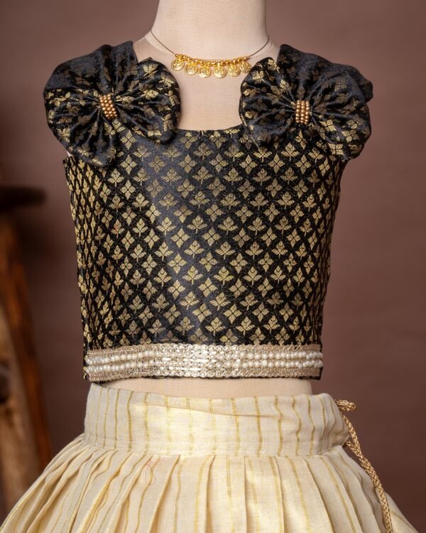 Black Brocade Silk Sleeveless Top and Traditional Golden Lines Kasavu Skirt - Minmini Onam Collections (Pre booking)