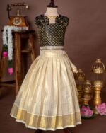 Black Brocade Silk Sleeveless Top and Traditional Golden Lines Kasavu Skirt - Minmini Onam Collections (Pre booking)