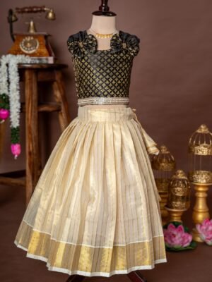 Black Brocade Silk Sleeveless Top and Traditional Golden Lines Kasavu Skirt - Minmini Onam Collections (Pre booking)