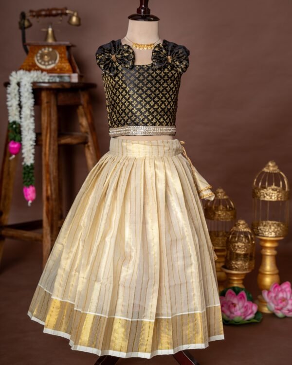 Black Brocade Silk Sleeveless Top and Traditional Golden Lines Kasavu Skirt - Minmini Onam Collections (Pre booking)