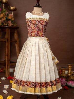 Maroon Kalamkari Sleeveless Top and Checked Kasavu Cotton Skirt - Minmini Onam Collections (Pre booking)
