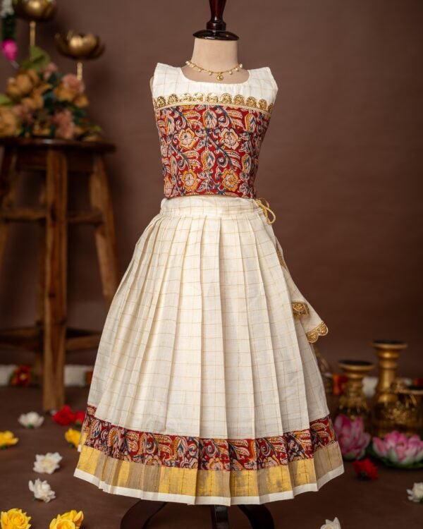 Maroon Kalamkari Sleeveless Top and Checked Kasavu Cotton Skirt - Minmini Onam Collections (Pre booking)