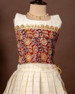 Maroon Kalamkari Sleeveless Top and Checked Kasavu Cotton Skirt - Minmini Onam Collections (Pre booking)