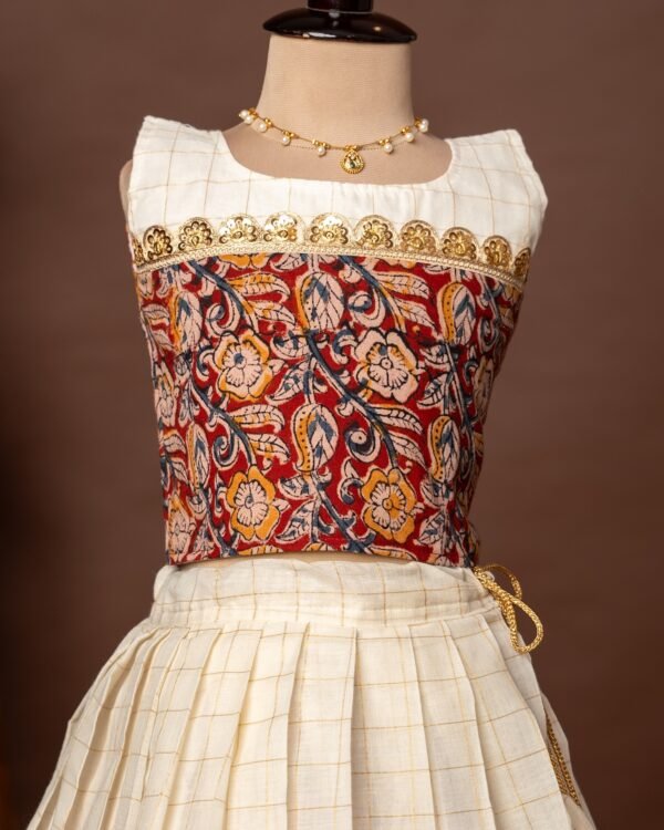 Maroon Kalamkari Sleeveless Top and Checked Kasavu Cotton Skirt - Minmini Onam Collections (Pre booking)