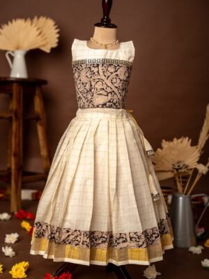 Black Kalamkari Sleeveless Top and Checked Kasavu Cotton Skirt - Minmini Onam Collections (Pre booking)