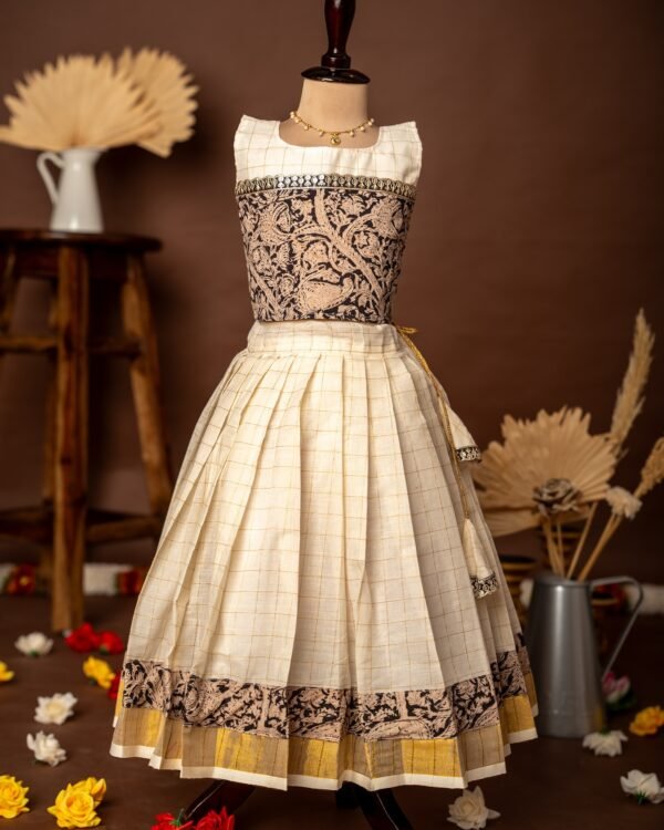 Black Kalamkari Sleeveless Top and Checked Kasavu Cotton Skirt - Minmini Onam Collections (Pre booking)