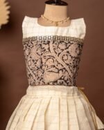 Black Kalamkari Sleeveless Top and Checked Kasavu Cotton Skirt - Minmini Onam Collections (Pre booking)