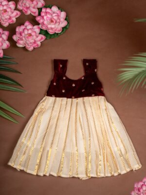 Maroon Velvet sequence work Fabric in Top  and Traditional Kasavu Zari Fabric in Bottom - Kerala Frock - Minmini Onam Collections (Pre booking)
