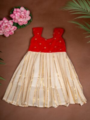 Red Velvet sequence work Fabric in Top  and Traditional Kasavu Zari Fabric in Bottom - Kerala Frock - Minmini Onam Collections (Pre booking)
