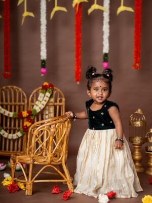 Dark Green Velvet sequence work Fabric in Top and Traditional Kasavu Zari Fabric in Bottom - Kerala Frock - Minmini Onam Collections (Pre booking)