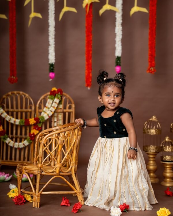 Dark Green Velvet sequence work Fabric in Top  and Traditional Kasavu Zari Fabric in Bottom - Kerala Frock - Minmini Onam Collections (Pre booking)