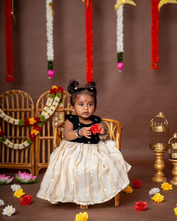 Dark Green Velvet sequence work Fabric in Top  and Traditional Kasavu Zari Fabric in Bottom - Kerala Frock - Minmini Onam Collections (Pre booking)