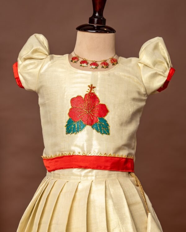 Red Hand-painted Hibiscus Puff Sleeves Top and Golden Kerala Kasavu Skirt - Minmini Onam Collections (Pre booking)