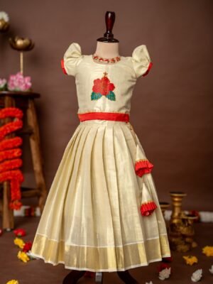 Red Hand-painted Hibiscus Puff Sleeves Top and Golden Kerala Kasavu Skirt - Minmini Onam Collections (Pre booking)