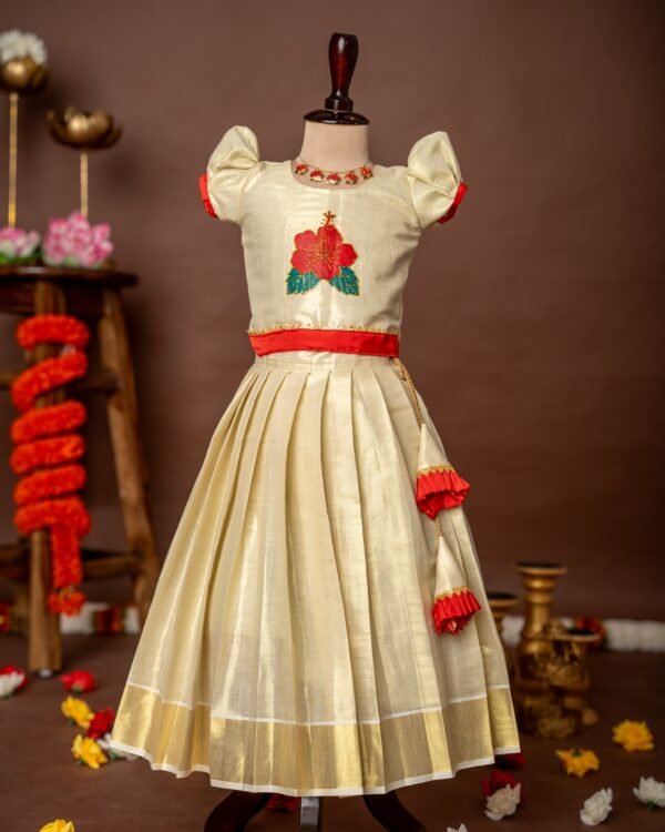 Red Hand-painted Hibiscus Puff Sleeves Top and Golden Kerala Kasavu Skirt - Minmini Onam Collections (Pre booking)