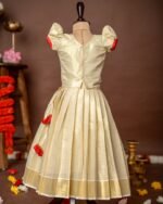 Red Hand-painted Hibiscus Puff Sleeves Top and Golden Kerala Kasavu Skirt - Minmini Onam Collections (Pre booking)