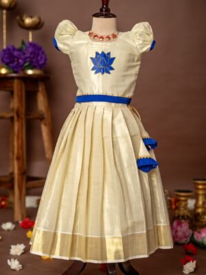 Blue Hand-painted Lotus Puff Sleeves Top and Golden Kerala Kasavu Skirt - Minmini Onam Collections (Pre booking)