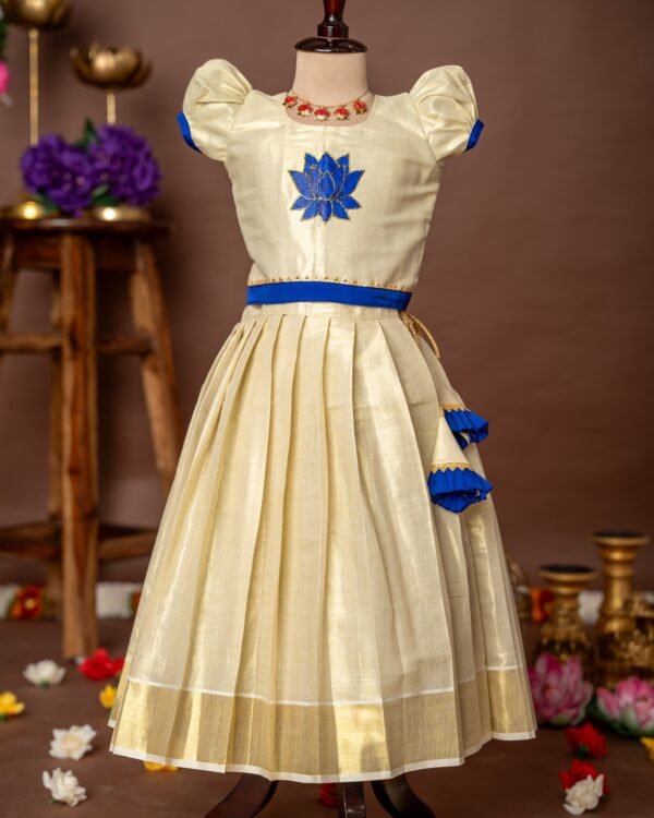 Blue Hand-painted Lotus Puff Sleeves Top and Golden Kerala Kasavu Skirt - Minmini Onam Collections (Pre booking)