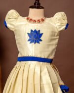 Blue Hand-painted Lotus Puff Sleeves Top and Golden Kerala Kasavu Skirt - Minmini Onam Collections (Pre booking)
