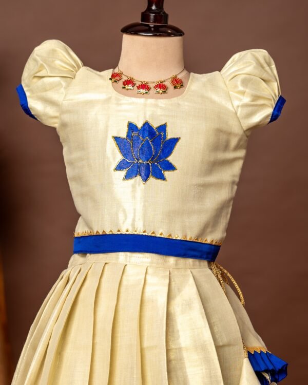 Blue Hand-painted Lotus Puff Sleeves Top and Golden Kerala Kasavu Skirt - Minmini Onam Collections (Pre booking)
