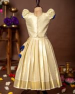 Blue Hand-painted Lotus Puff Sleeves Top and Golden Kerala Kasavu Skirt - Minmini Onam Collections (Pre booking)