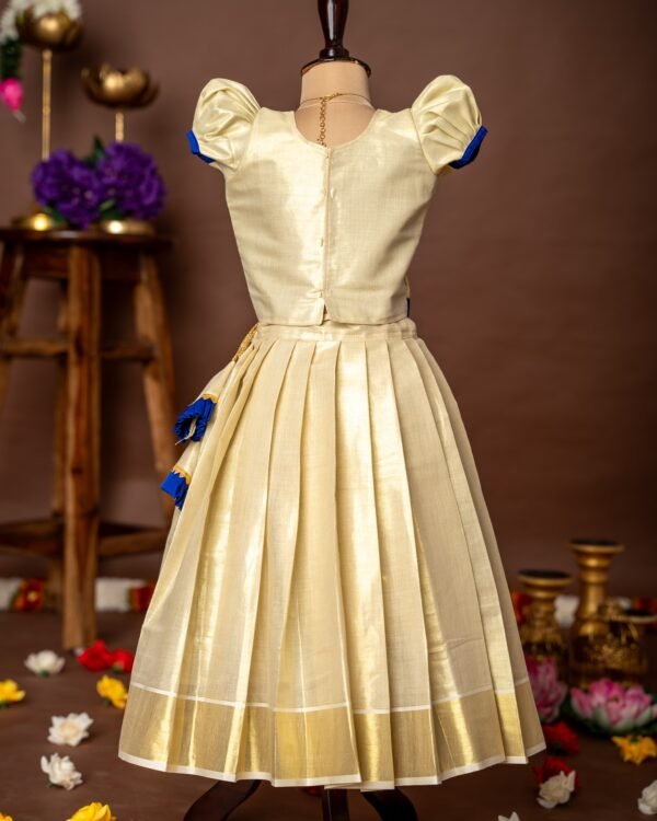 Blue Hand-painted Lotus Puff Sleeves Top and Golden Kerala Kasavu Skirt - Minmini Onam Collections (Pre booking)