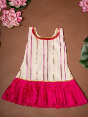 Pink and White Stripes A-Line Kasavu Frock - Minmini Onam Collections (Pre Booking)
