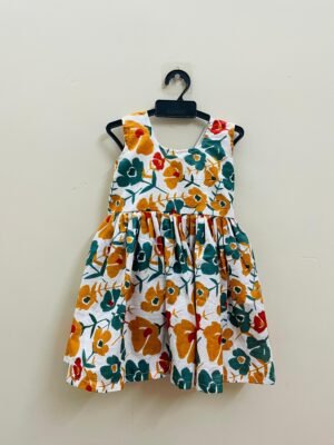 White Floral Design Pure Cotton Sleeveless Frock (Pre-Booking)