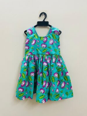 Sea Blue Floral Design Cotton Sleeveless Frock (Pre-Booking)