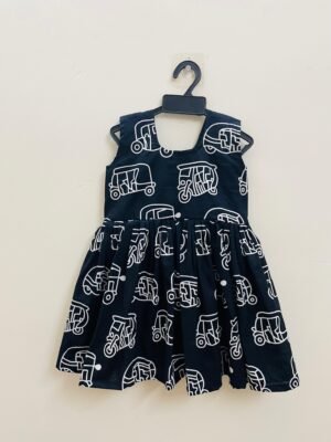 Black Auto Pattern Pure Cotton Sleeveless Frock (Pre-Booking)