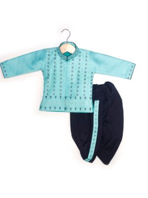 Turquoise Blue Embroidered Kurta Set with Dark Blue Boys traditional Dhoti set (Ready to Dispatch)