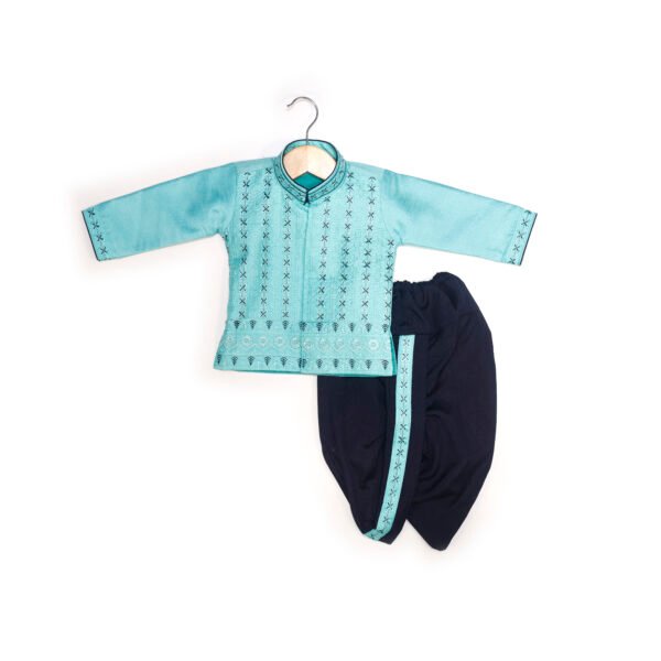 Turquoise Blue Embroidered Kurta Set with Dark Blue Boys traditional Dhoti set (Ready to Dispatch)