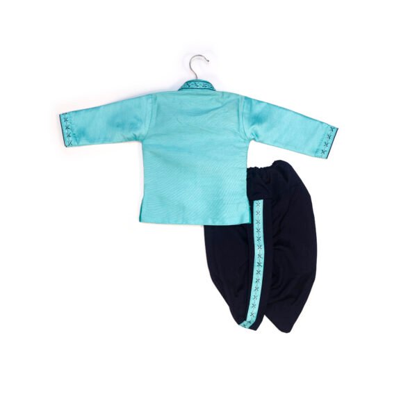 Turquoise Blue Embroidered Kurta Set with Dark Blue Boys traditional Dhoti set (Ready to Dispatch)