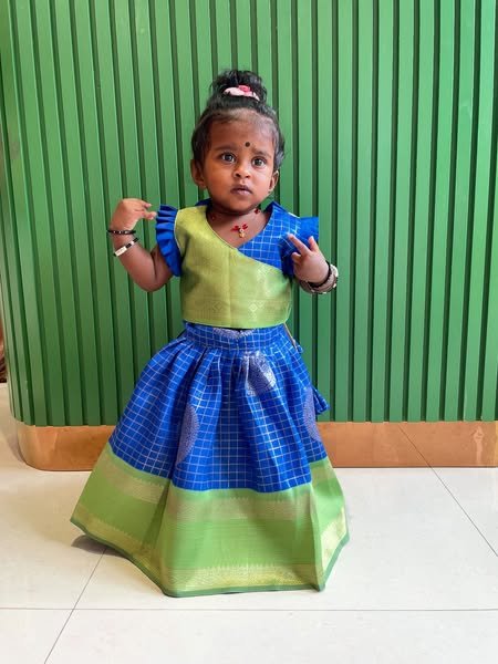 Navy Blue and Light Green Semi Kanchipattu Paavadai Sattai (Ready to Dispatch)