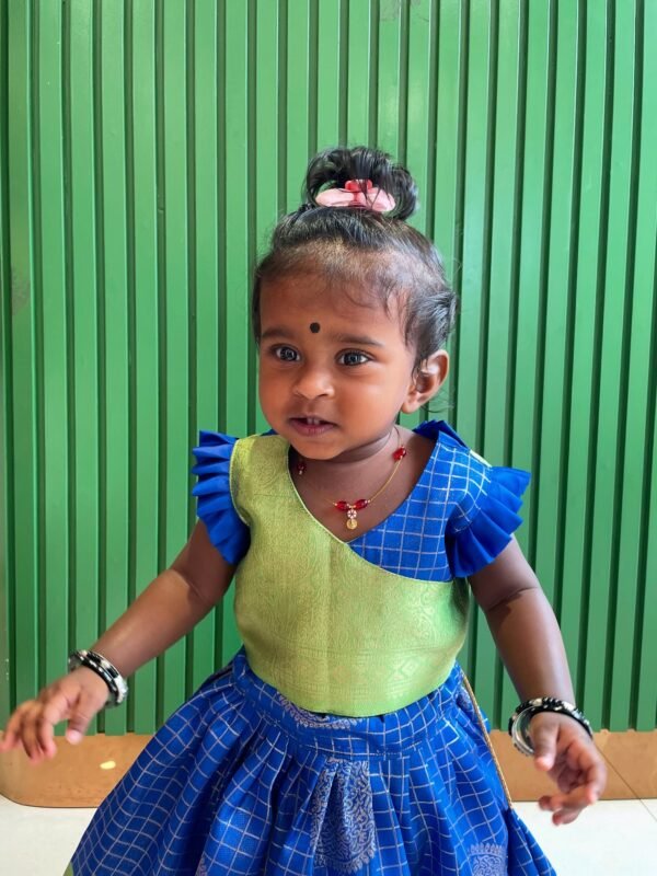 Navy Blue and Light Green Semi Kanchipattu Paavadai Sattai (Ready to Dispatch)
