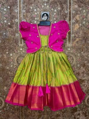 Pink and Light Green - Premium Semi Kanchipattu Ethnic frock with matching coat, crafted for festive elegance (Pre Booking)