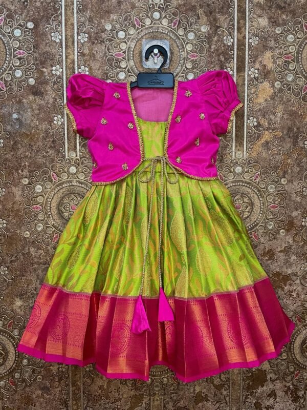 Pink and Light Green - Premium Semi Kanchipattu Ethnic frock with matching coat, crafted for festive elegance (Pre Booking)