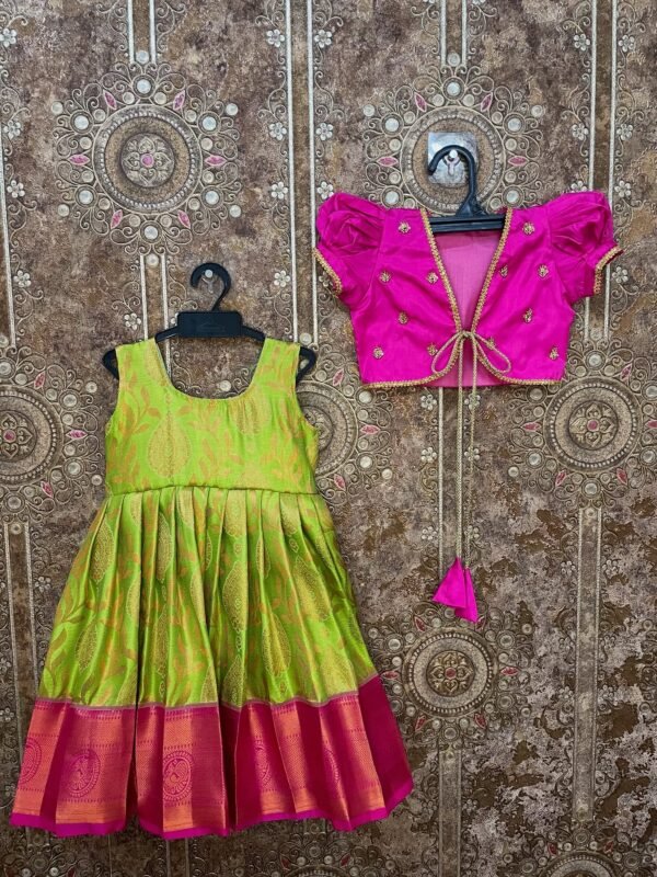 Pink and Light Green - Premium Semi Kanchipattu Ethnic frock with matching coat, crafted for festive elegance (Pre Booking)