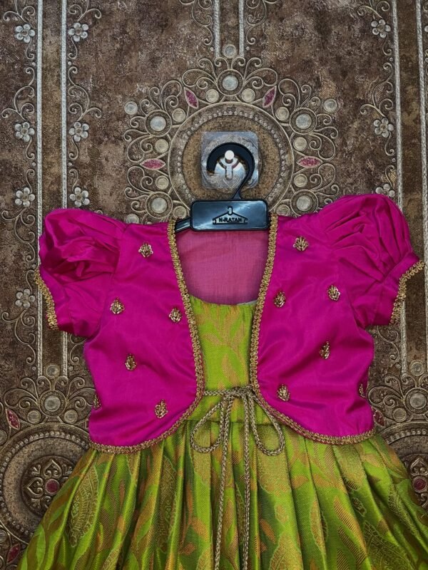 Pink and Light Green - Premium Semi Kanchipattu Ethnic frock with matching coat, crafted for festive elegance (Pre Booking)