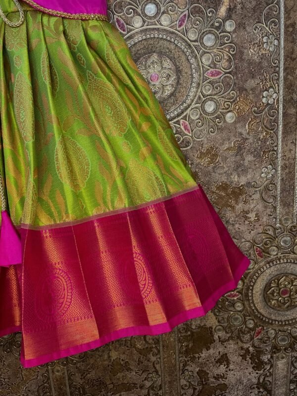 Pink and Light Green - Premium Semi Kanchipattu Ethnic frock with matching coat, crafted for festive elegance (Pre Booking)