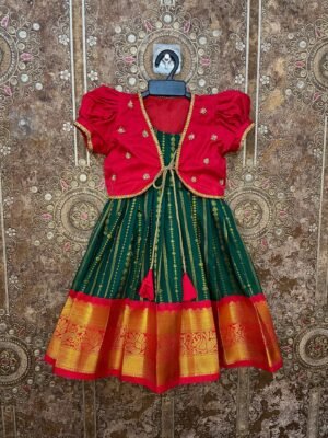 Red and Dark Green - Premium Semi Kanchipattu Ethnic frock with matching coat, crafted for festive elegance (Pre Booking