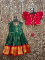 Red and Dark Green - Premium Semi Kanchipattu Ethnic frock with matching coat, crafted for festive elegance (Pre Booking