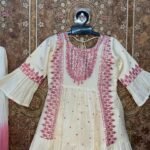 Off-White Kurthi Light Pink Thread Embroidery design with Matching Pant and Shawl - Kushi (Ready to Dispatch)