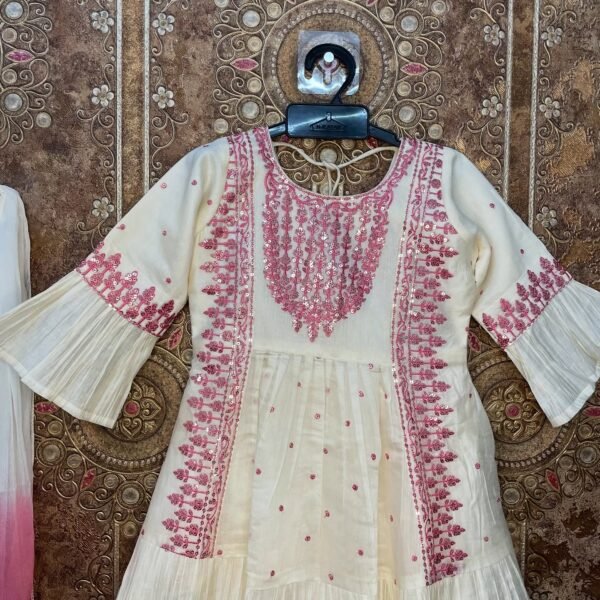 Off-White Kurthi Light Pink Thread Embroidery design with Matching Pant and Shawl - Kushi (Ready to Dispatch)