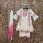 Off-White Kurthi Light Pink Thread Embroidery design with Matching Pant and Shawl - Kushi (Ready to Dispatch)