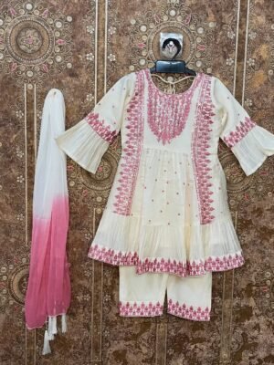 Off-White Kurthi Light Pink Thread Embroidery design with Matching Pant and Shawl - Kushi (Ready to Dispatch)