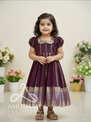 Dark Purple and Lilac Border Luxurious Pattu Frock featuring a Peter Pan collar (Pre Booking)