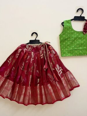 Maroon Skirt and Light Green Top Semi Kanchipattu Paavadai and Sattai (Pre-Booking)