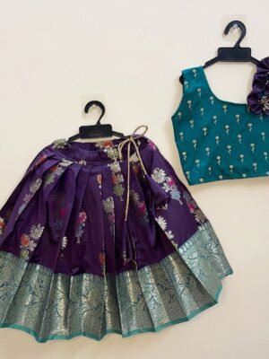 Plum Color Skirt and Ramar Blue Top Semi Kanchipattu Paavadai and Sattai (Pre-Booking)